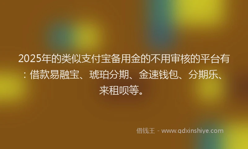 2025年的类似支付宝备用金的不用审核的平台有：借款易融宝、琥珀分期、金速钱包、分期乐、来租呗等。