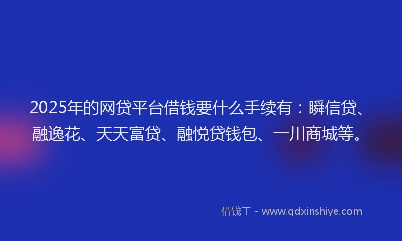 2025年的网贷平台借钱要什么手续有：瞬信贷、融逸花、天天富贷、融悦贷钱包、一川商城等。