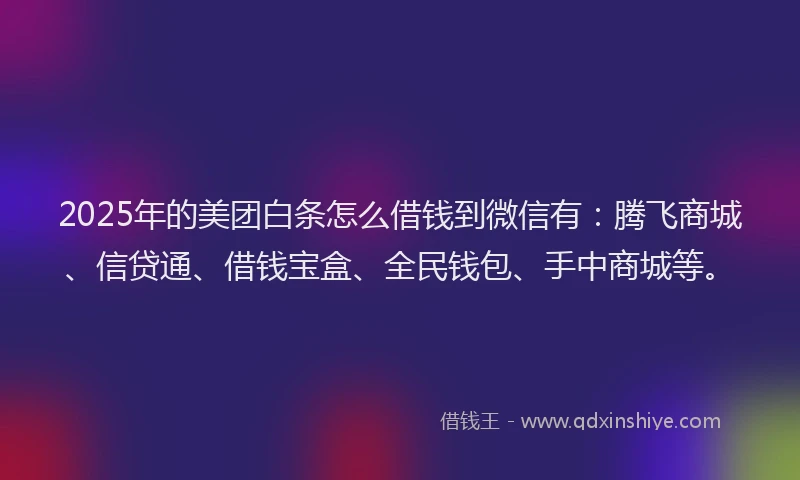 2025年的美团白条怎么借钱到微信有：腾飞商城、信贷通、借钱宝盒、全民钱包、手中商城等。
