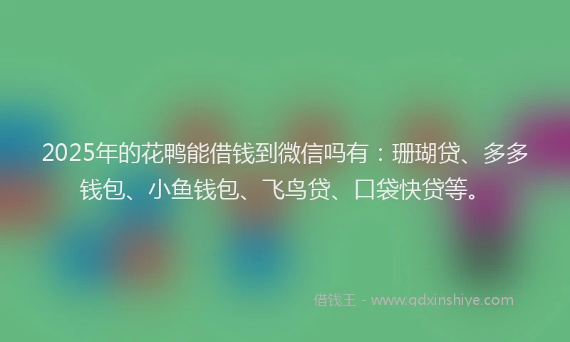 2025年的花鸭能借钱到微信吗有：珊瑚贷、多多钱包、小鱼钱包、飞鸟贷、口袋快贷等。