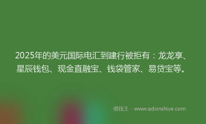 2025年的美元国际电汇到建行被拒有：龙龙享、星辰钱包、现金直融宝、钱袋管家、易贷宝等。