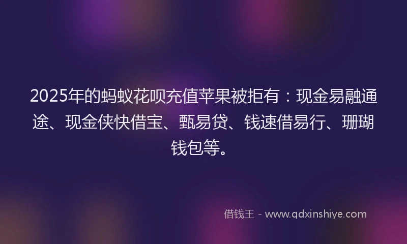 2025年的蚂蚁花呗充值苹果被拒有：现金易融通途、现金侠快借宝、甄易贷、钱速借易行、珊瑚钱包等。