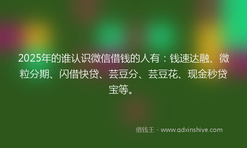 2025年的谁认识微信借钱的人有：钱速达融、微粒分期、闪借快贷、芸豆分、芸豆花、现金秒贷宝等。
