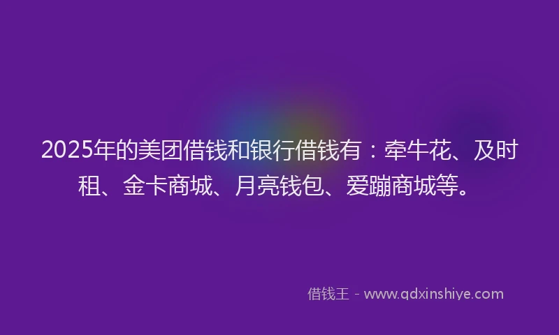 2025年的美团借钱和银行借钱有：牵牛花、及时租、金卡商城、月亮钱包、爱蹦商城等。
