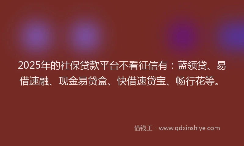 2025年的社保贷款平台不看征信有：蓝领贷、易借速融、现金易贷盒、快借速贷宝、畅行花等。