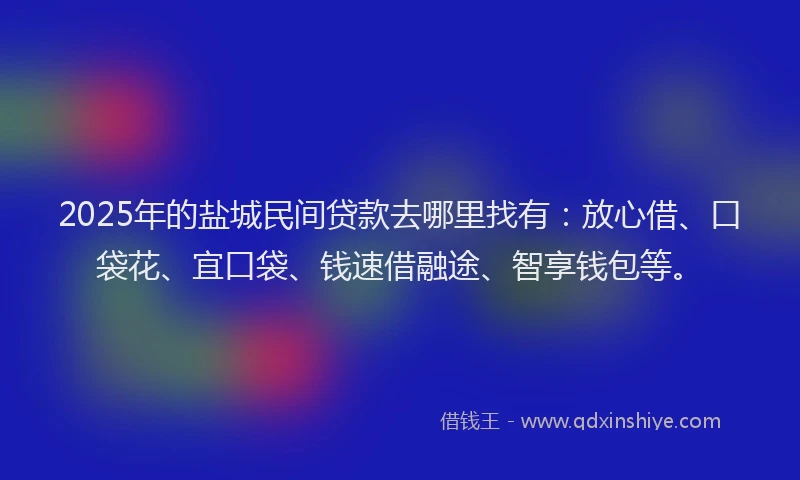2025年的盐城民间贷款去哪里找有：放心借、口袋花、宜口袋、钱速借融途、智享钱包等。