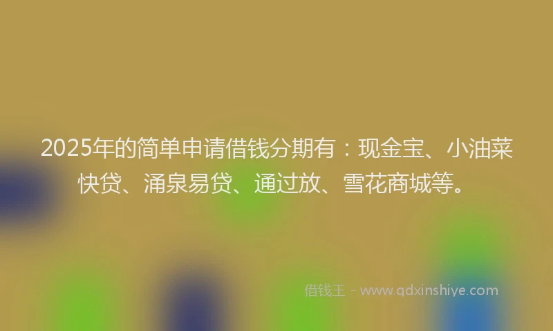 2025年的简单申请借钱分期有：现金宝、小油菜快贷、涌泉易贷、通过放、雪花商城等。