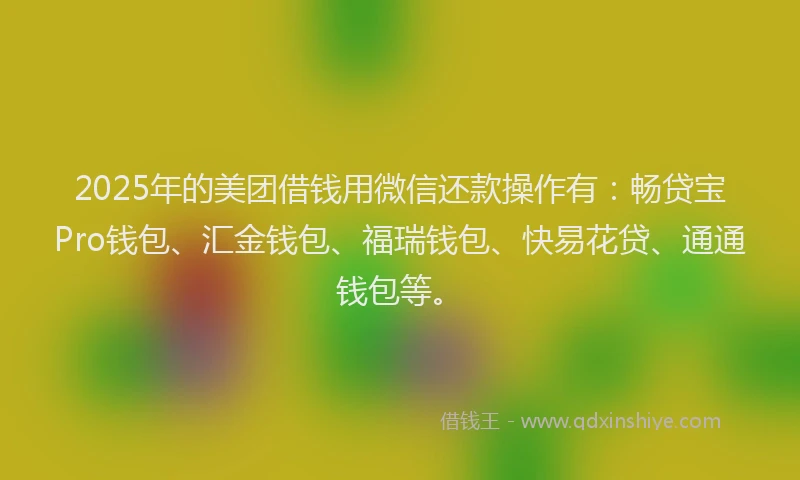 2025年的美团借钱用微信还款操作有：畅贷宝Pro钱包、汇金钱包、福瑞钱包、快易花贷、通通钱包等。