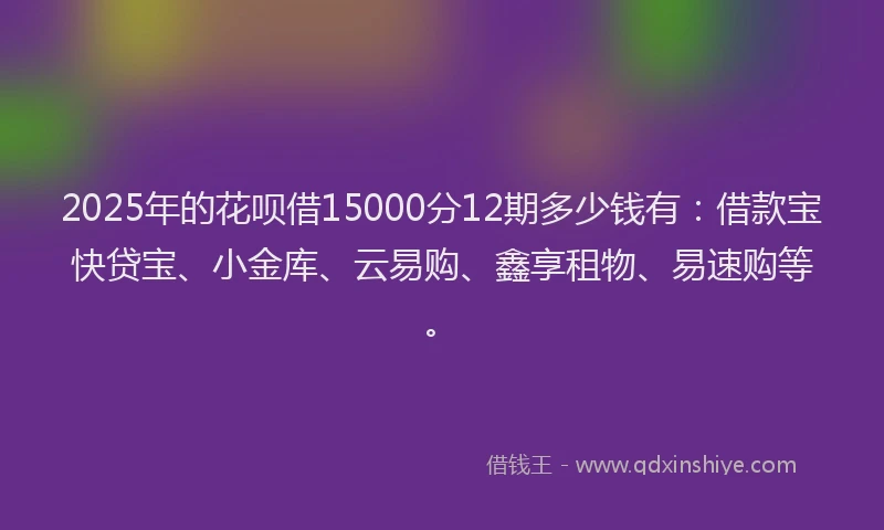 2025年的花呗借15000分12期多少钱有：借款宝快贷宝、小金库、云易购、鑫享租物、易速购等。