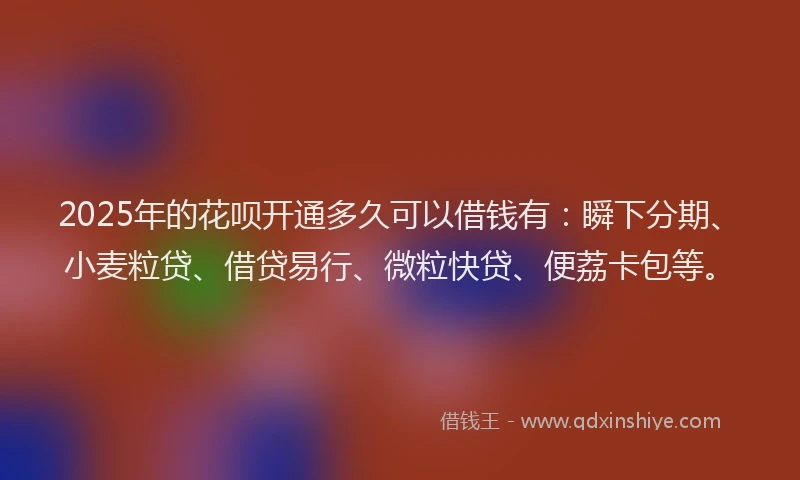 2025年的花呗开通多久可以借钱有：瞬下分期、小麦粒贷、借贷易行、微粒快贷、便荔卡包等。