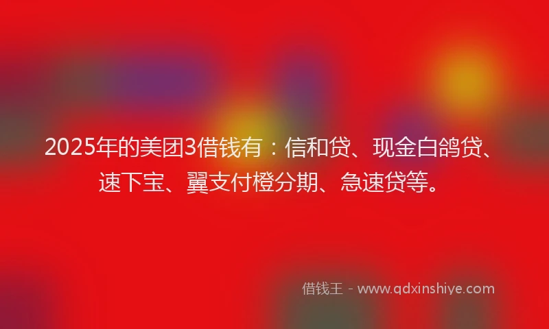 2025年的美团3借钱有：信和贷、现金白鸽贷、速下宝、翼支付橙分期、急速贷等。