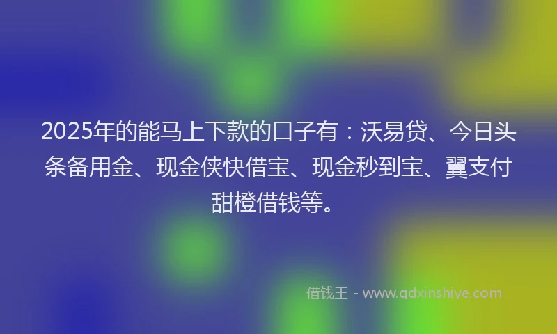 2025年的能马上下款的口子有：沃易贷、今日头条备用金、现金侠快借宝、现金秒到宝、翼支付甜橙借钱等。