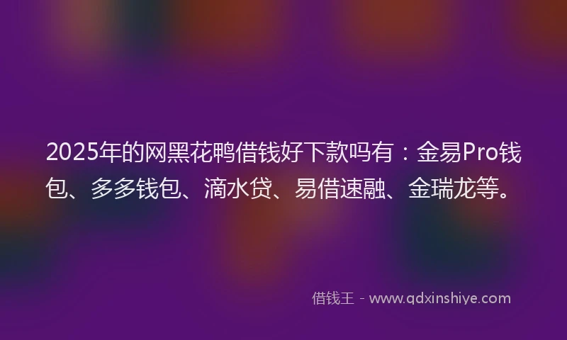 2025年的网黑花鸭借钱好下款吗有：金易Pro钱包、多多钱包、滴水贷、易借速融、金瑞龙等。