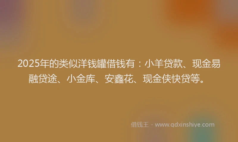 2025年的类似洋钱罐借钱有：小羊贷款、现金易融贷途、小金库、安鑫花、现金侠快贷等。
