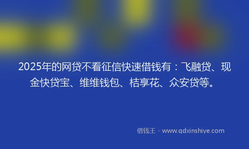 2025年的网贷不看征信快速借钱有：飞融贷、现金快贷宝、维维钱包、桔享花、众安贷等。