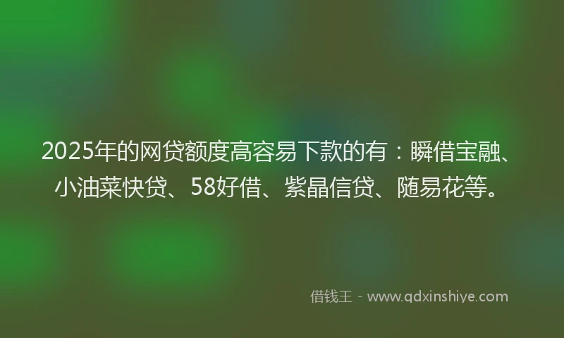 2025年的网贷额度高容易下款的有：瞬借宝融、小油菜快贷、58好借、紫晶信贷、随易花等。
