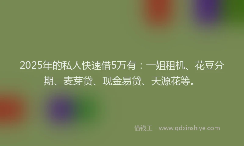 2025年的私人快速借5万有：一姐租机、花豆分期、麦芽贷、现金易贷、天源花等。