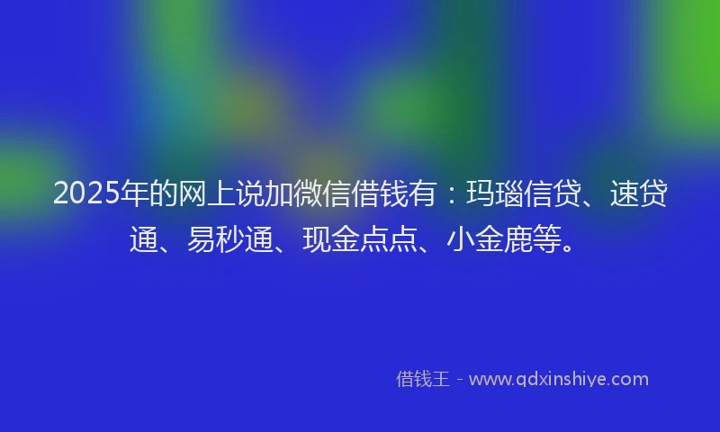 2025年的网上说加微信借钱有：玛瑙信贷、速贷通、易秒通、现金点点、小金鹿等。