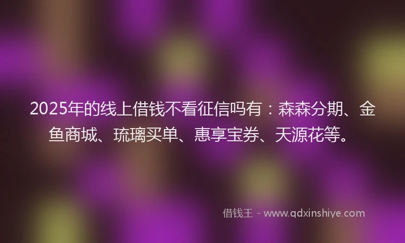 2025年的线上借钱不看征信吗有：森森分期、金鱼商城、琉璃买单、惠享宝券、天源花等。