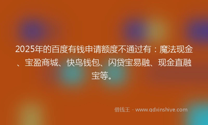 2025年的百度有钱申请额度不通过有：魔法现金、宝盈商城、快鸟钱包、闪贷宝易融、现金直融宝等。