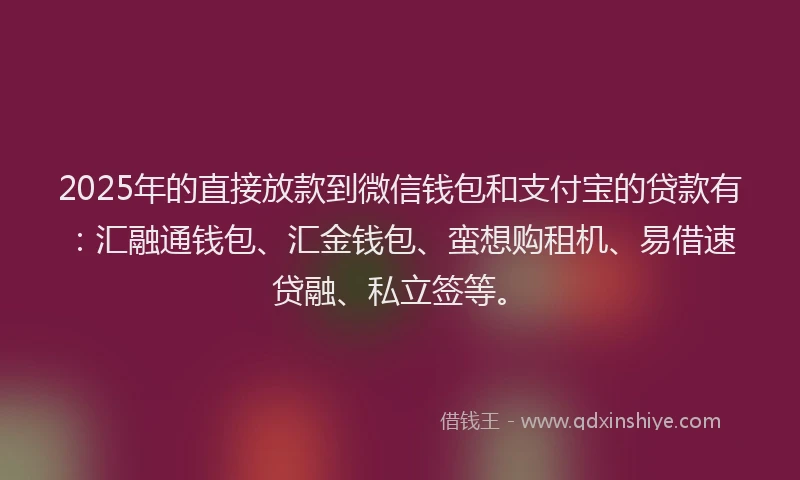 2025年的直接放款到微信钱包和支付宝的贷款有：汇融通钱包、汇金钱包、蛮想购租机、易借速贷融、私立签等。