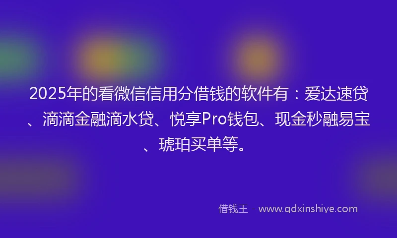 2025年的看微信信用分借钱的软件有：爱达速贷、滴滴金融滴水贷、悦享Pro钱包、现金秒融易宝、琥珀买单等。