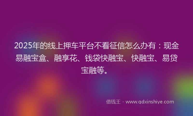 2025年的线上押车平台不看征信怎么办有：现金易融宝盒、融享花、钱袋快融宝、快融宝、易贷宝融等。