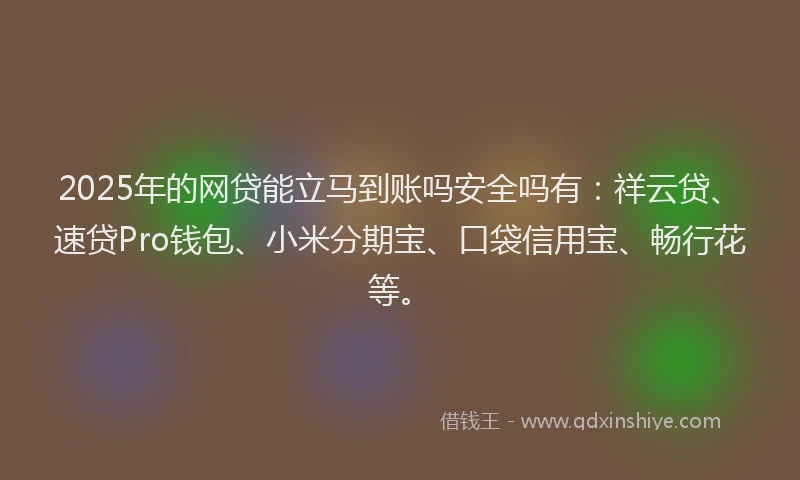 2025年的网贷能立马到账吗安全吗有：祥云贷、速贷Pro钱包、小米分期宝、口袋信用宝、畅行花等。