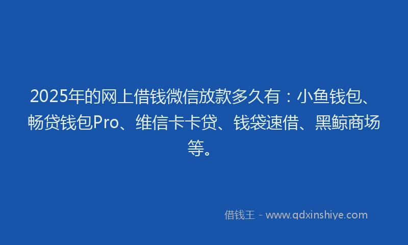 2025年的网上借钱微信放款多久有：小鱼钱包、畅贷钱包Pro、维信卡卡贷、钱袋速借、黑鲸商场等。