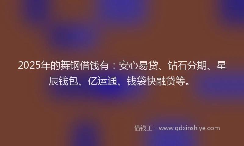2025年的舞钢借钱有：安心易贷、钻石分期、星辰钱包、亿运通、钱袋快融贷等。