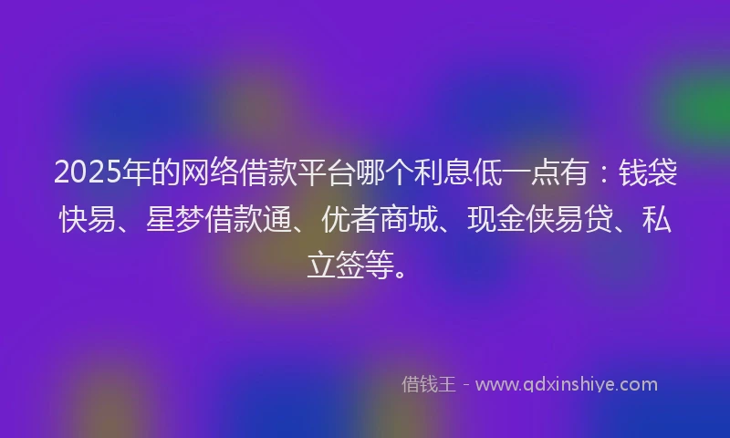 2025年的网络借款平台哪个利息低一点有：钱袋快易、星梦借款通、优者商城、现金侠易贷、私立签等。