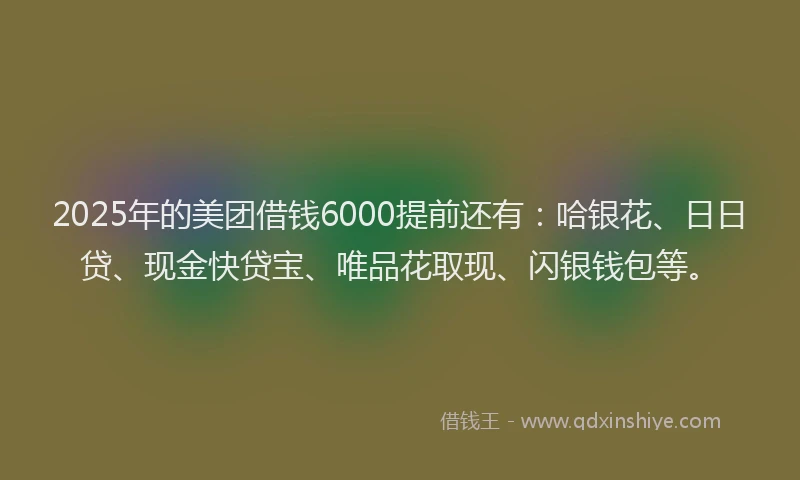 2025年的美团借钱6000提前还有：哈银花、日日贷、现金快贷宝、唯品花取现、闪银钱包等。