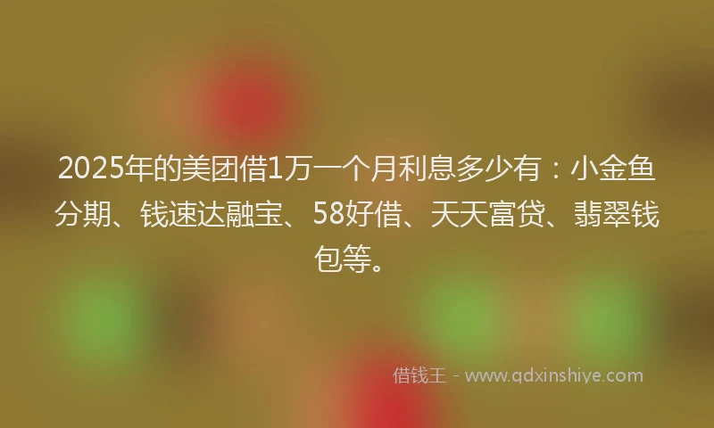 2025年的美团借1万一个月利息多少有：小金鱼分期、钱速达融宝、58好借、天天富贷、翡翠钱包等。