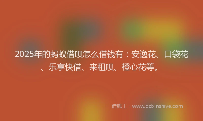 2025年的蚂蚁借呗怎么借钱有：安逸花、口袋花、乐享快借、来租呗、橙心花等。