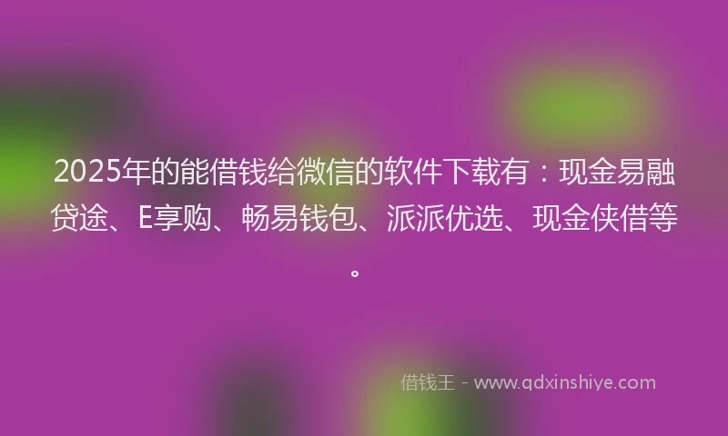 2025年的能借钱给微信的软件下载有：现金易融贷途、E享购、畅易钱包、派派优选、现金侠借等。