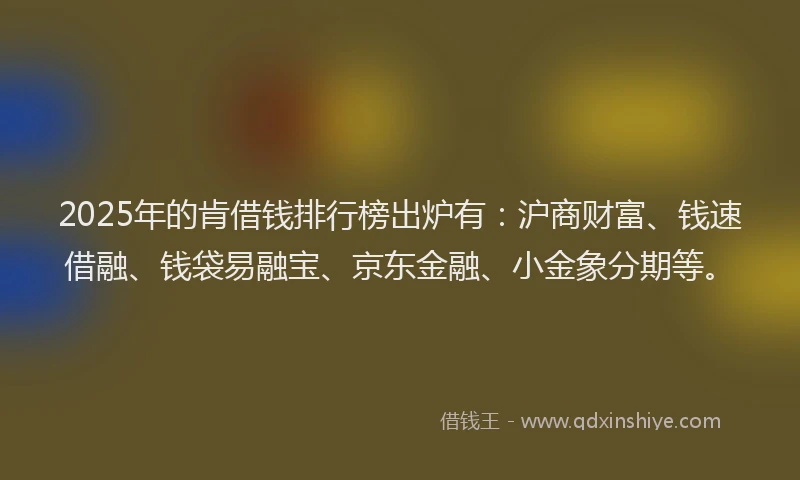 2025年的肯借钱排行榜出炉有：沪商财富、钱速借融、钱袋易融宝、京东金融、小金象分期等。