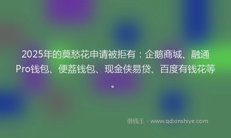 2025年的莫愁花申请被拒有：企鹅商城、融通Pro钱包、便荔钱包、现金侠易贷、百度有钱花等。