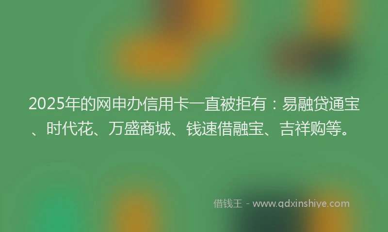 2025年的网申办信用卡一直被拒有：易融贷通宝、时代花、万盛商城、钱速借融宝、吉祥购等。