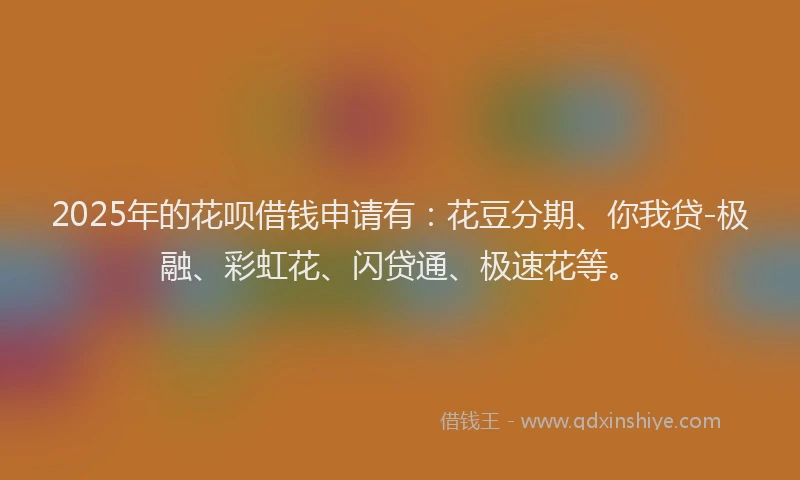 2025年的花呗借钱申请有：花豆分期、你我贷-极融、彩虹花、闪贷通、极速花等。