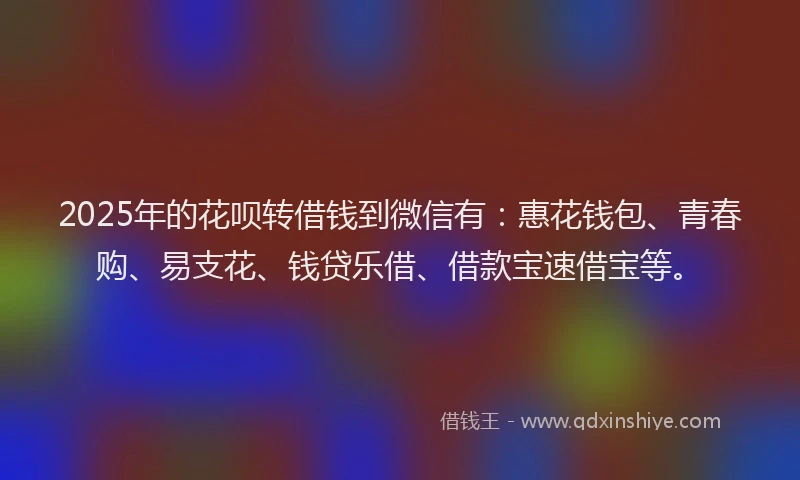 2025年的花呗转借钱到微信有：惠花钱包、青春购、易支花、钱贷乐借、借款宝速借宝等。