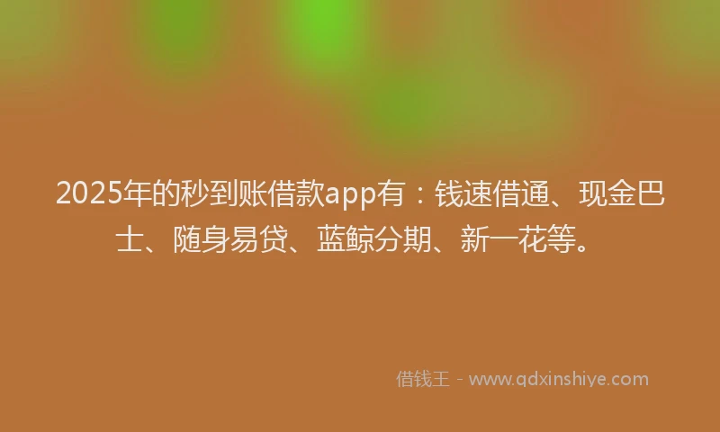 2025年的秒到账借款app有：钱速借通、现金巴士、随身易贷、蓝鲸分期、新一花等。
