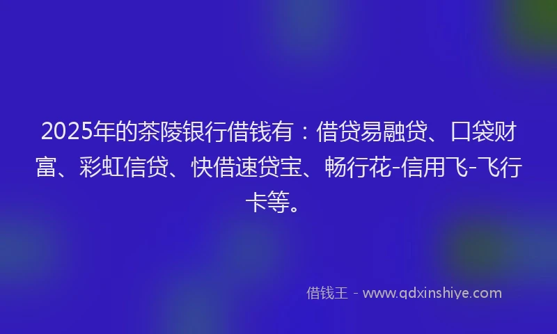 2025年的茶陵银行借钱有：借贷易融贷、口袋财富、彩虹信贷、快借速贷宝、畅行花-信用飞-飞行卡等。