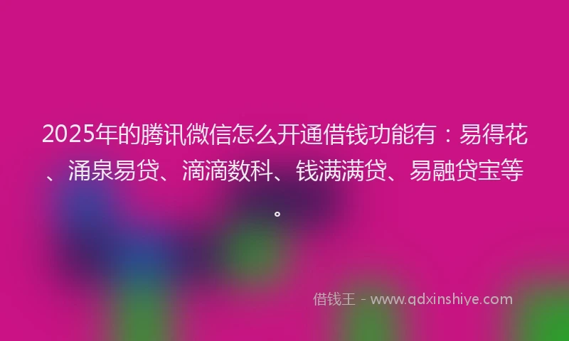 2025年的腾讯微信怎么开通借钱功能有：易得花、涌泉易贷、滴滴数科、钱满满贷、易融贷宝等。