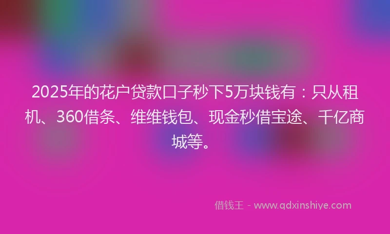 2025年的花户贷款口子秒下5万块钱有：只从租机、360借条、维维钱包、现金秒借宝途、千亿商城等。