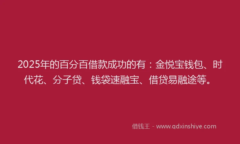 2025年的百分百借款成功的有：金悦宝钱包、时代花、分子贷、钱袋速融宝、借贷易融途等。