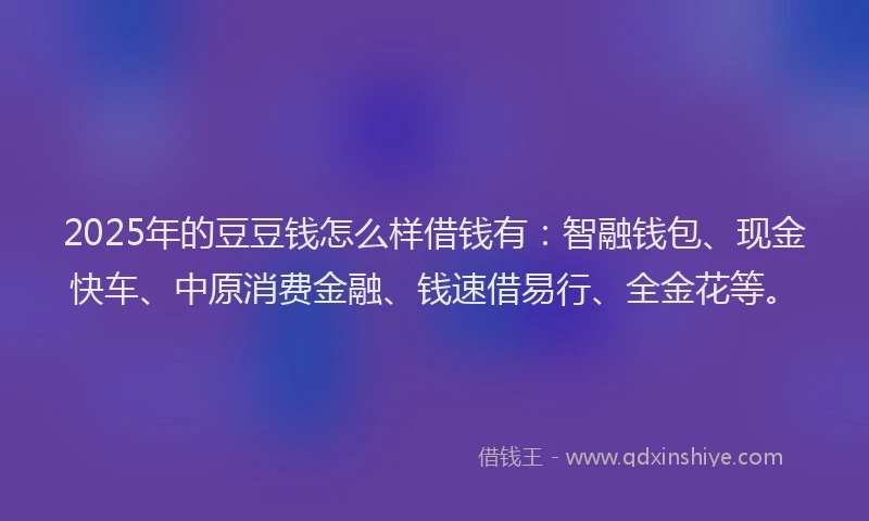 2025年的豆豆钱怎么样借钱有：智融钱包、现金快车、中原消费金融、钱速借易行、全金花等。