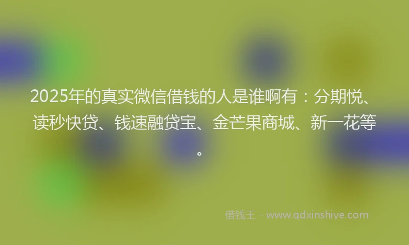 2025年的真实微信借钱的人是谁啊有：分期悦、读秒快贷、钱速融贷宝、金芒果商城、新一花等。