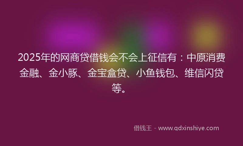 2025年的网商贷借钱会不会上征信有：中原消费金融、金小豚、金宝盒贷、小鱼钱包、维信闪贷等。