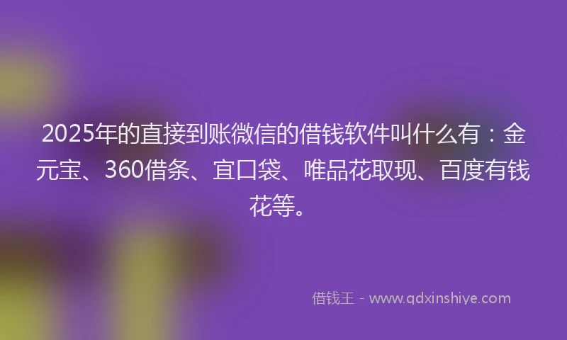 2025年的直接到账微信的借钱软件叫什么有：金元宝、360借条、宜口袋、唯品花取现、百度有钱花等。