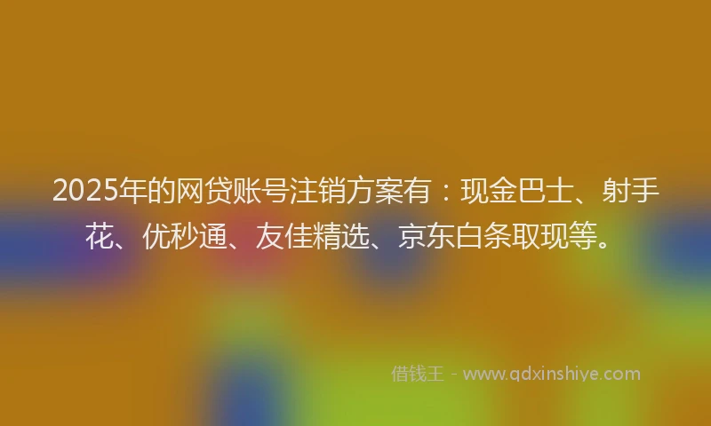 2025年的网贷账号注销方案有：现金巴士、射手花、优秒通、友佳精选、京东白条取现等。